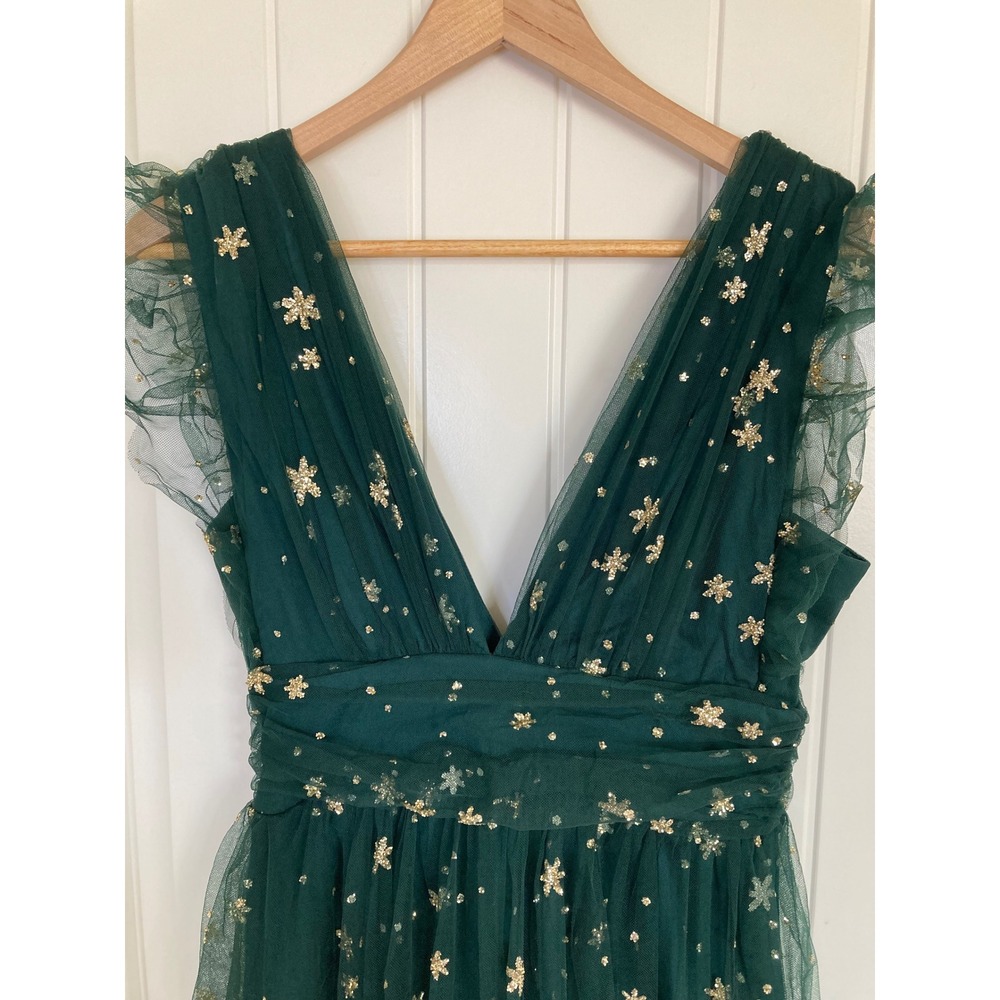 Soieblu Forest Green Tulle Gold Glitter Star Snowflake V-Neck Midi Dress M - Picture 2 of 9